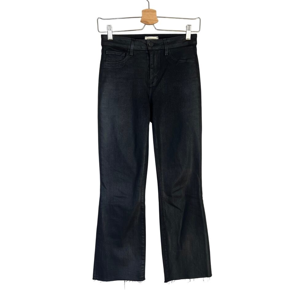 L'AGENCE Black Kendra Coated Cropped Flare Jeans Raw Hems Size 25 Stretch Kick - Picture 2 of 11
